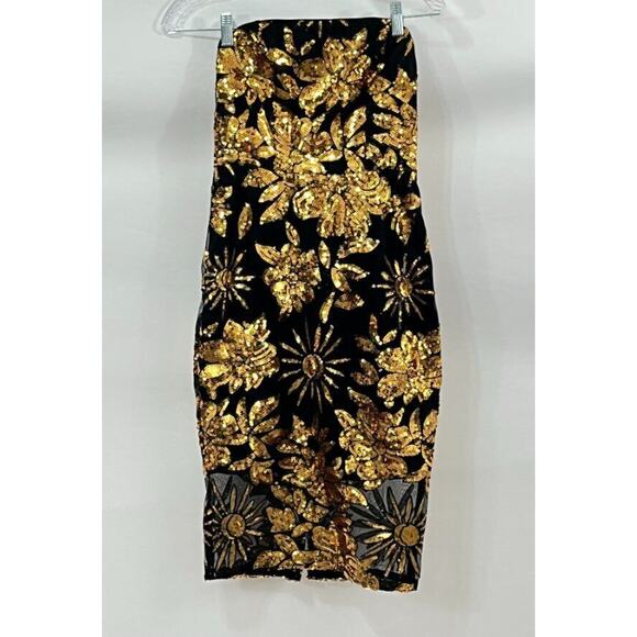 MILLY Sz 0 XS Kait Dress Gold Black Sequin Holiday Nights Strapless Midi - Picture 7 of 11